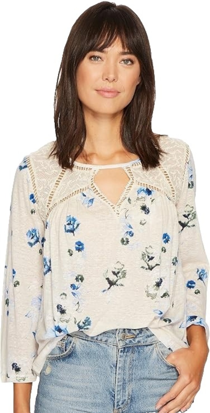 LUCKY BRAND Women's Top XS Off-White Blue Floral Lace Mix Peasant Boho NWT